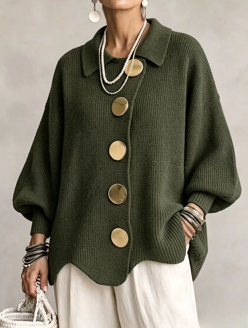 Oversized Chunky Knit Cardigan with Gold Statement Buttons – Women's Relaxed Fit Open Front Sweater