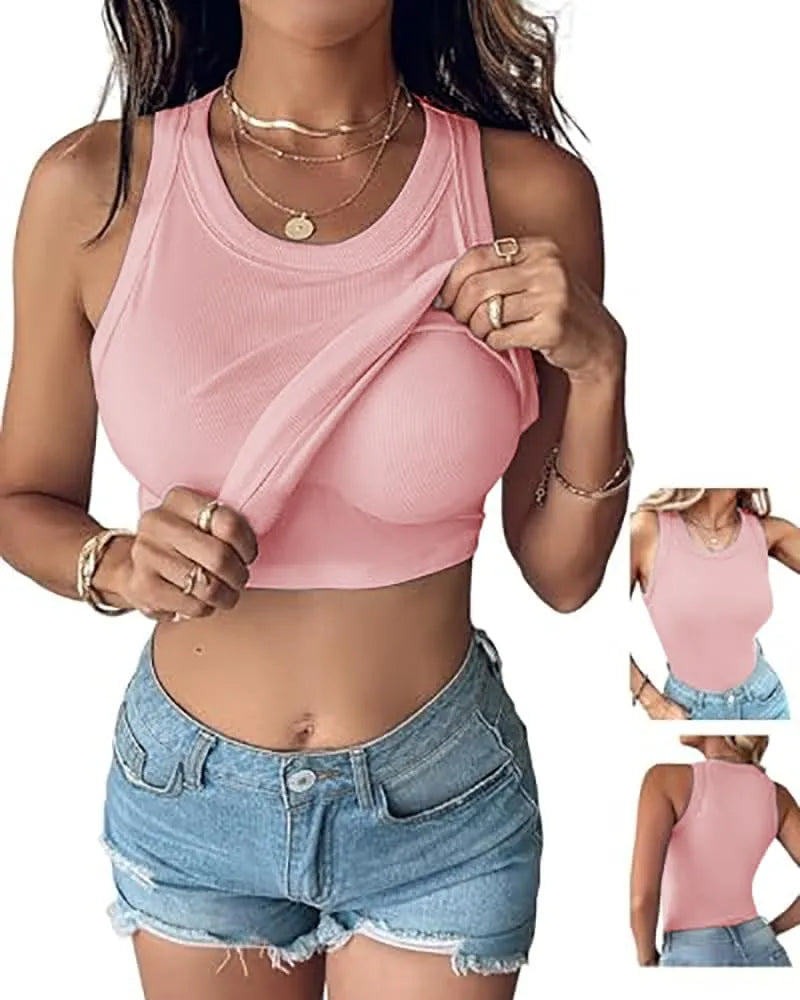 Women's Ribbed Tank Top with Built-in Shelf Bra – Soft Stretch Cami, No Bra Needed for Everyday, Lounge & Casual Wear