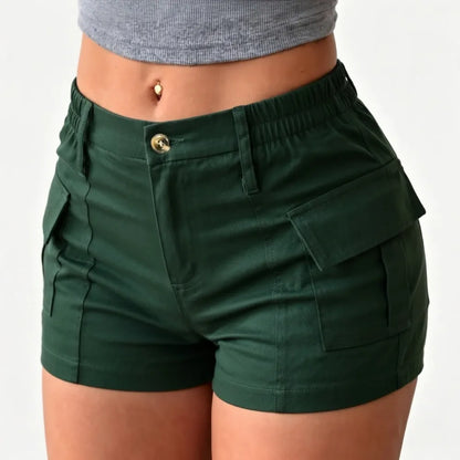 Women's Fitted Cargo Shorts with Flap Pockets – Elastic Waist Mini Shorts, Chic & Casual Summer Style for Outdoor & Streetwear