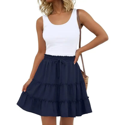 Women's Tiered Ruffle Mini Skirt – High Waist Elastic Drawstring Flowy A-Line Skirt for Beach, Vacation & Summer Style
