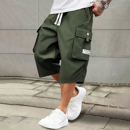 Men's Relaxed Fit Cargo Capri Shorts – Multi-Pocket Elastic Drawstring Waist, Lightweight Cropped Pants for Streetwear & Outdoor
