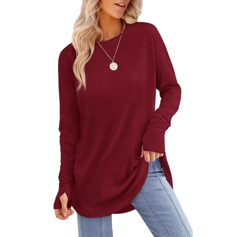 Women's Soft Stretch Long Sleeve Tunic Top – Raglan Crew Neck with Curved Hem, Lightweight Casual Shirt for Yoga, Lounge & Everyday Wear
