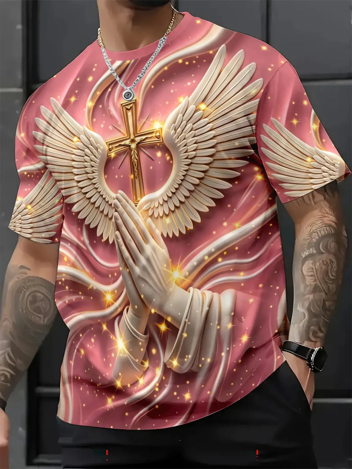 Men's Religious Prayer Angel Wings Cross 3D High Definition Graphic Print T-Shirt