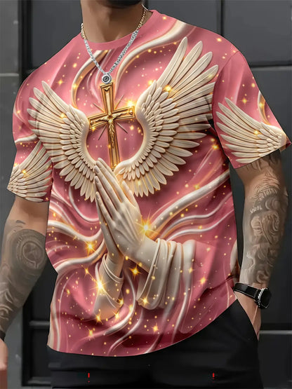 Men's Religious Prayer Angel Wings Cross 3D High Definition Graphic Print T-Shirt