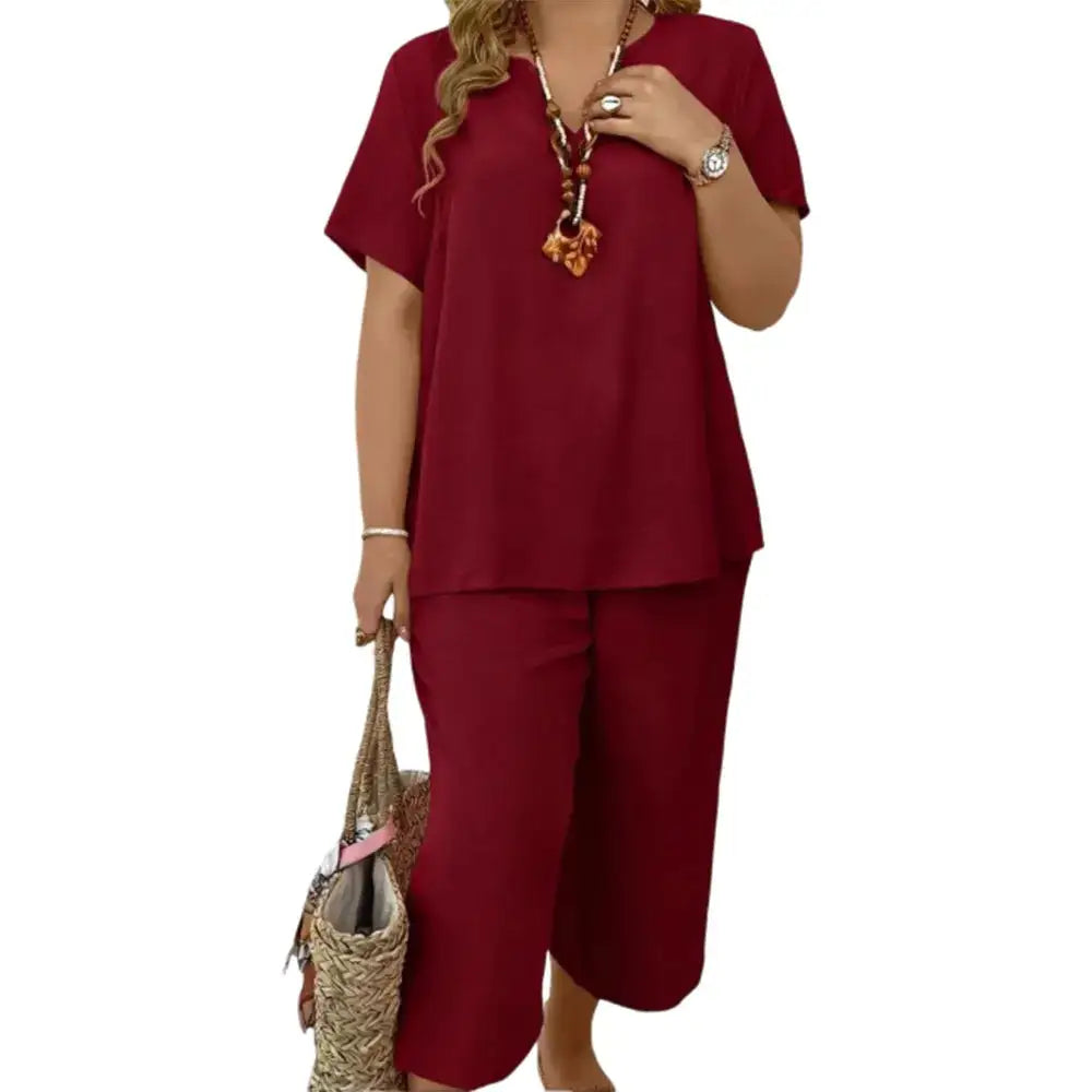 Women's 2-Piece Linen Blend Set – V-Neck Short Sleeve Top & Flowy Wide Leg Pants, Relaxed Fit Beach Vacation Outfit