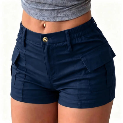 Women's Fitted Cargo Shorts with Flap Pockets – Elastic Waist Mini Shorts, Chic & Casual Summer Style for Outdoor & Streetwear
