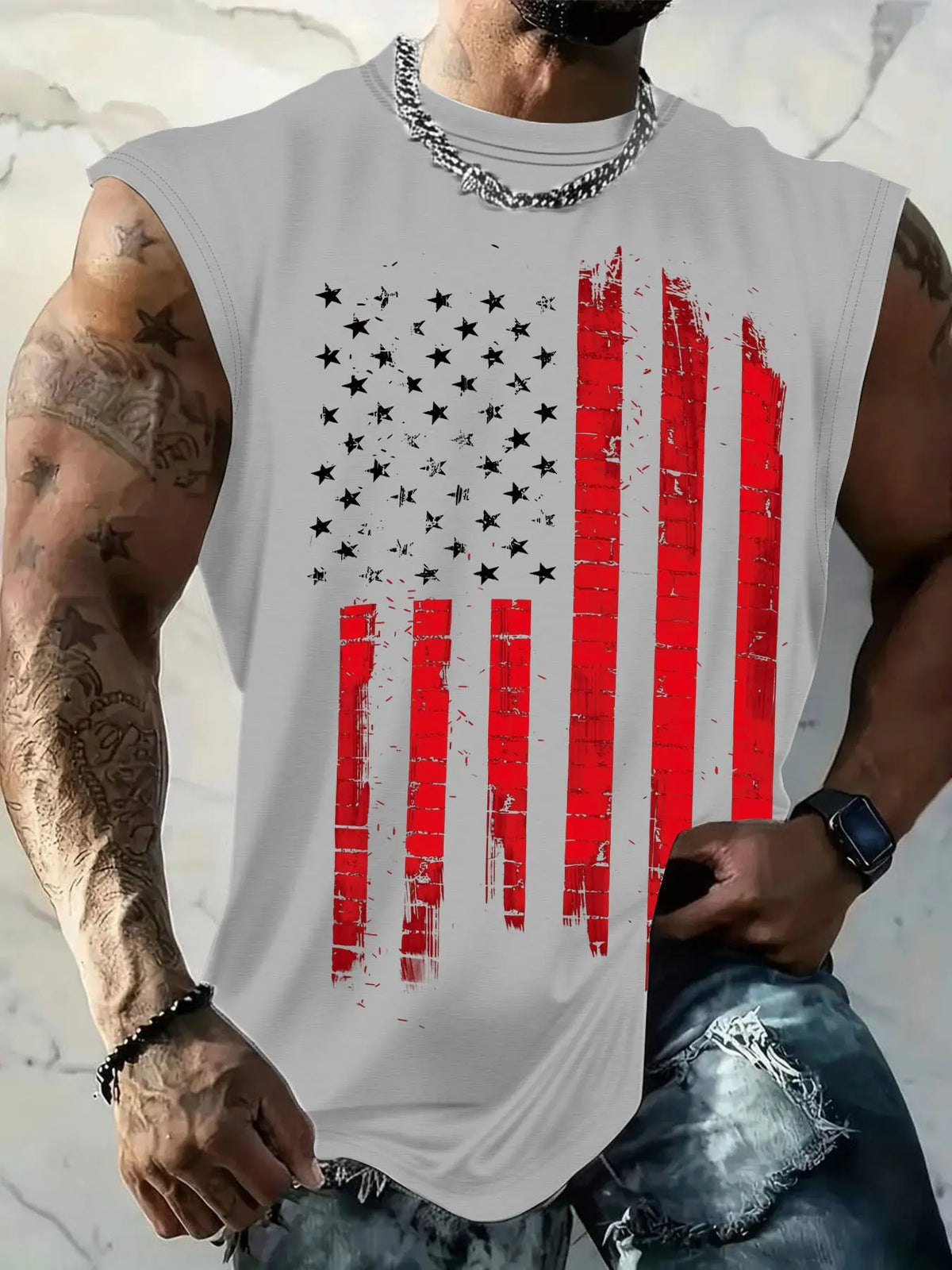 Men's American Flag Print Tank Top, Regular-Fit Casual Sleeveless Top for Daily Outdoor Wear, Men's Clothes for Summer