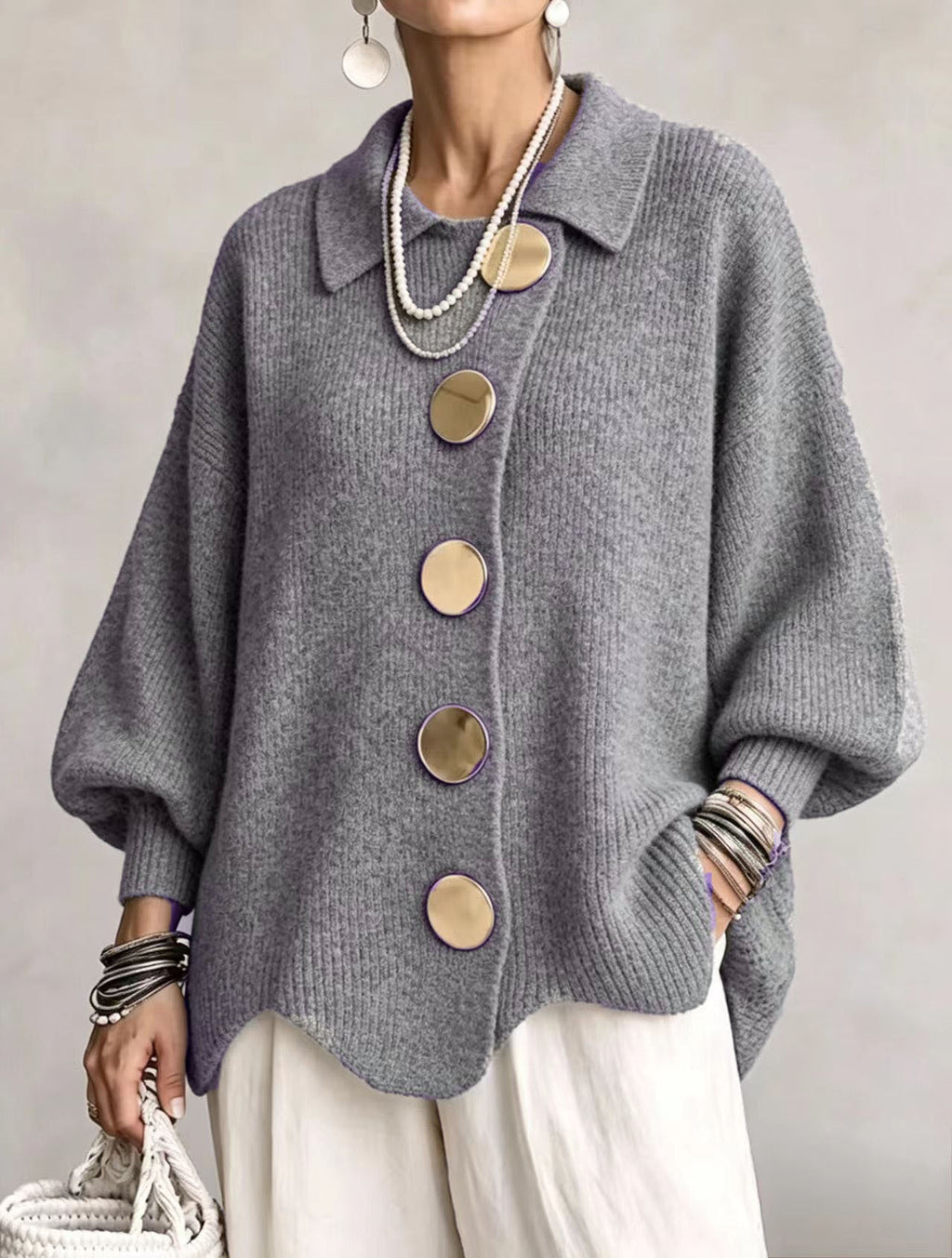 Oversized Chunky Knit Cardigan with Gold Statement Buttons – Women's Relaxed Fit Open Front Sweater