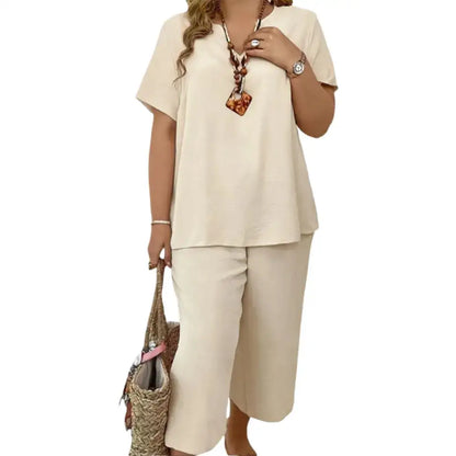 Women's 2-Piece Linen Blend Set – V-Neck Short Sleeve Top & Flowy Wide Leg Pants, Relaxed Fit Beach Vacation Outfit