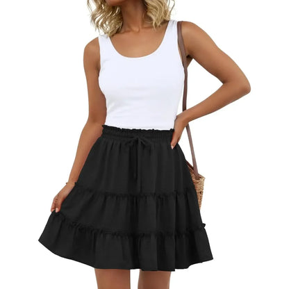 Women's Tiered Ruffle Mini Skirt – High Waist Elastic Drawstring Flowy A-Line Skirt for Beach, Vacation & Summer Style