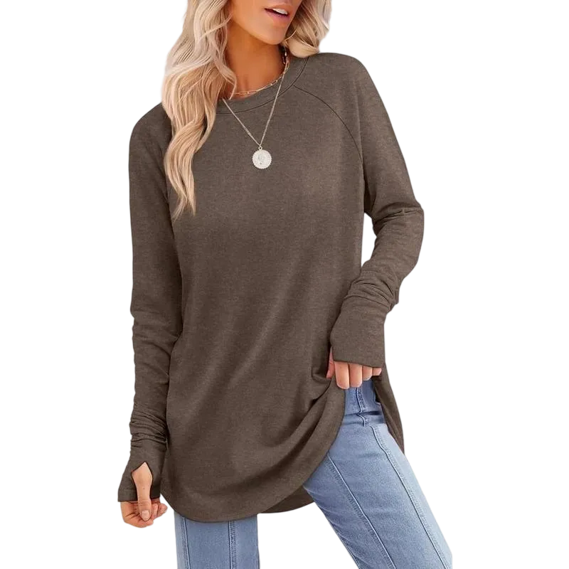 Women's Soft Stretch Long Sleeve Tunic Top – Raglan Crew Neck with Curved Hem, Lightweight Casual Shirt for Yoga, Lounge & Everyday Wear