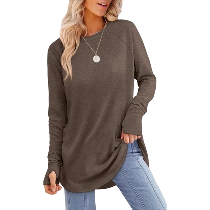 Women's Soft Stretch Long Sleeve Tunic Top – Raglan Crew Neck with Curved Hem, Lightweight Casual Shirt for Yoga, Lounge & Everyday Wear