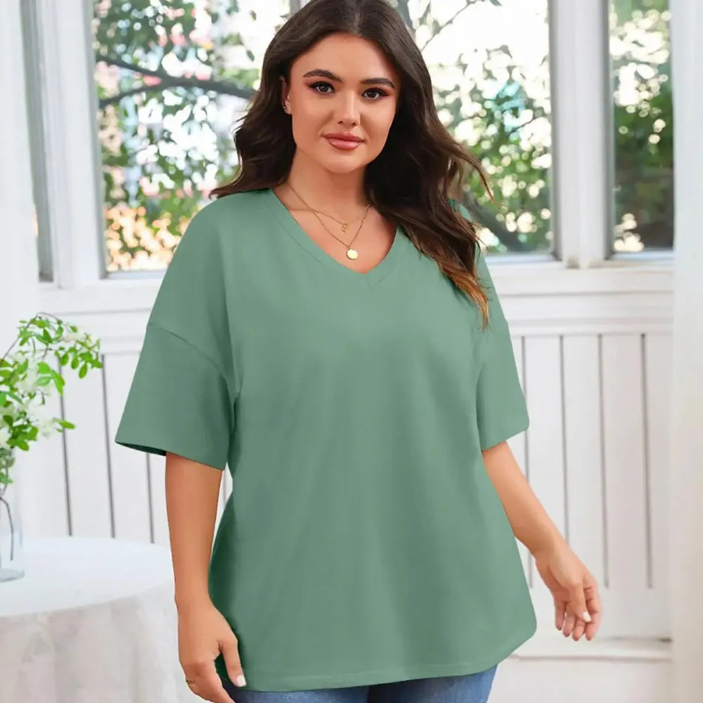 Women's Plus Size V-Neck Tunic Top – Soft Cotton Relaxed Fit Casual Tee, Flattering & Comfortable Everyday Shirt