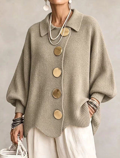 Oversized Chunky Knit Cardigan with Gold Statement Buttons – Women's Relaxed Fit Open Front Sweater