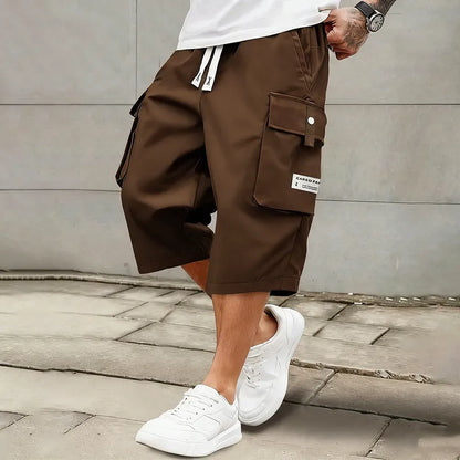 Men's Relaxed Fit Cargo Capri Shorts – Multi-Pocket Elastic Drawstring Waist, Lightweight Cropped Pants for Streetwear & Outdoor