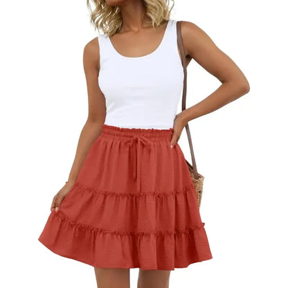 Women's Tiered Ruffle Mini Skirt – High Waist Elastic Drawstring Flowy A-Line Skirt for Beach, Vacation & Summer Style