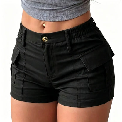 Women's Fitted Cargo Shorts with Flap Pockets – Elastic Waist Mini Shorts, Chic & Casual Summer Style for Outdoor & Streetwear