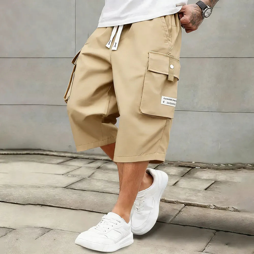 Men's Relaxed Fit Cargo Capri Shorts – Multi-Pocket Elastic Drawstring Waist, Lightweight Cropped Pants for Streetwear & Outdoor