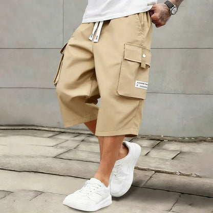 Men's Relaxed Fit Cargo Capri Shorts – Multi-Pocket Elastic Drawstring Waist, Lightweight Cropped Pants for Streetwear & Outdoor