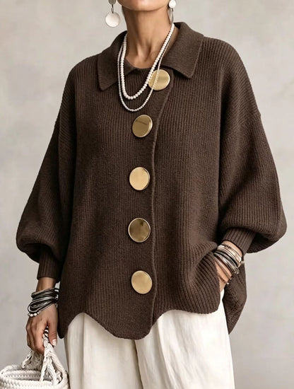 Oversized Chunky Knit Cardigan with Gold Statement Buttons – Women's Relaxed Fit Open Front Sweater