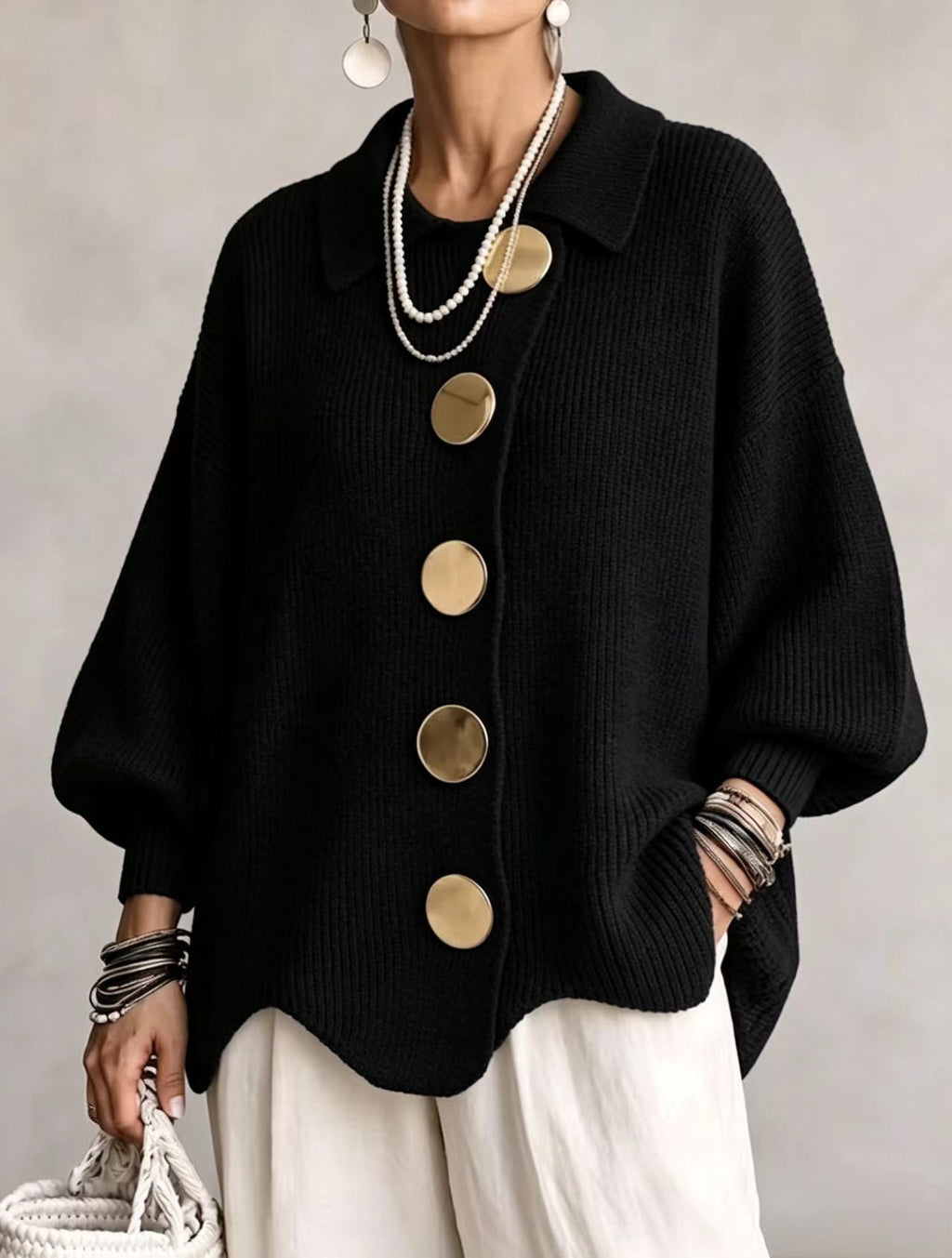 Oversized Chunky Knit Cardigan with Gold Statement Buttons – Women's Relaxed Fit Open Front Sweater