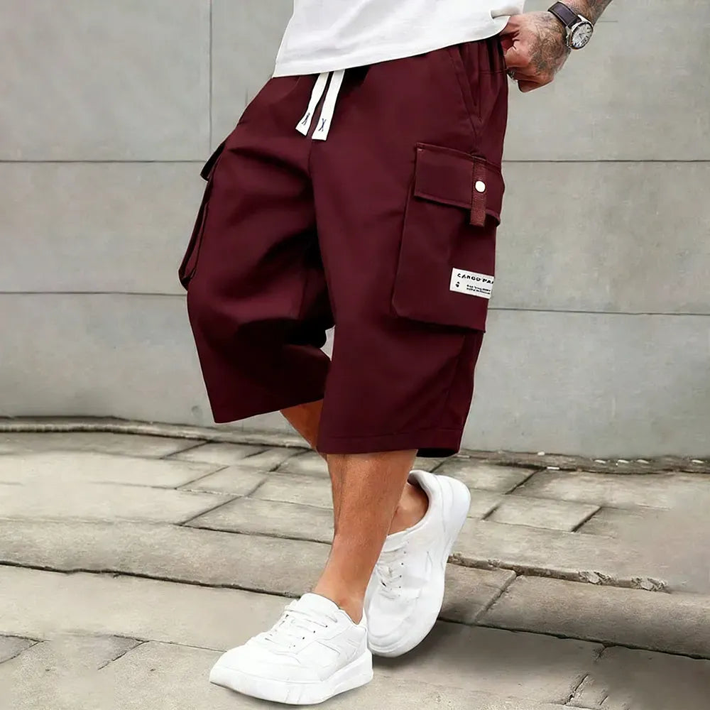 Men's Relaxed Fit Cargo Capri Shorts – Multi-Pocket Elastic Drawstring Waist, Lightweight Cropped Pants for Streetwear & Outdoor