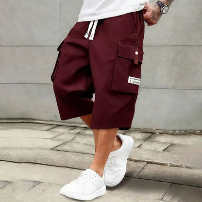 Men's Relaxed Fit Cargo Capri Shorts – Multi-Pocket Elastic Drawstring Waist, Lightweight Cropped Pants for Streetwear & Outdoor