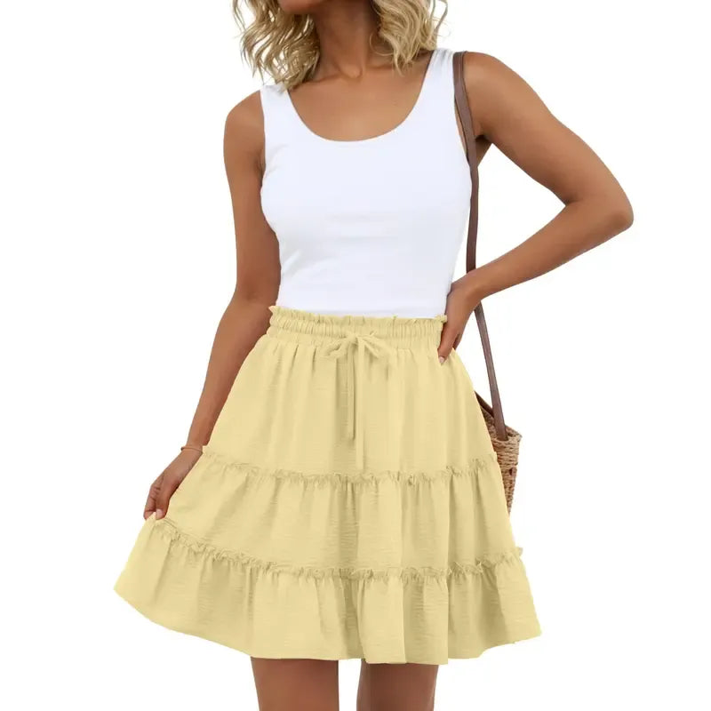 Women's Tiered Ruffle Mini Skirt – High Waist Elastic Drawstring Flowy A-Line Skirt for Beach, Vacation & Summer Style
