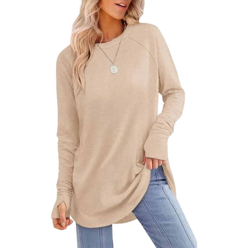Women's Soft Stretch Long Sleeve Tunic Top – Raglan Crew Neck with Curved Hem, Lightweight Casual Shirt for Yoga, Lounge & Everyday Wear