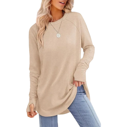 Women's Soft Stretch Long Sleeve Tunic Top – Raglan Crew Neck with Curved Hem, Lightweight Casual Shirt for Yoga, Lounge & Everyday Wear
