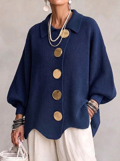 Oversized Chunky Knit Cardigan with Gold Statement Buttons – Women's Relaxed Fit Open Front Sweater