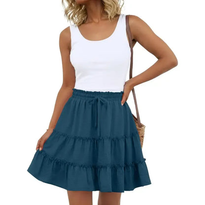 Women's Tiered Ruffle Mini Skirt – High Waist Elastic Drawstring Flowy A-Line Skirt for Beach, Vacation & Summer Style