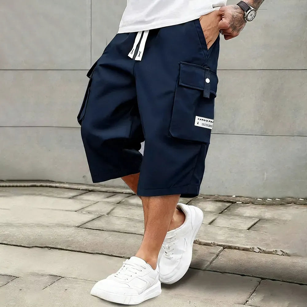 Men's Relaxed Fit Cargo Capri Shorts – Multi-Pocket Elastic Drawstring Waist, Lightweight Cropped Pants for Streetwear & Outdoor