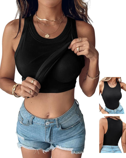 Women's Ribbed Tank Top with Built-in Shelf Bra – Soft Stretch Cami, No Bra Needed for Everyday, Lounge & Casual Wear