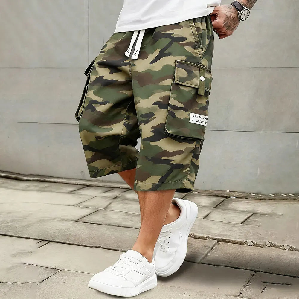 Men's Relaxed Fit Cargo Capri Shorts – Multi-Pocket Elastic Drawstring Waist, Lightweight Cropped Pants for Streetwear & Outdoor