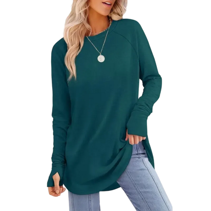 Women's Soft Stretch Long Sleeve Tunic Top – Raglan Crew Neck with Curved Hem, Lightweight Casual Shirt for Yoga, Lounge & Everyday Wear