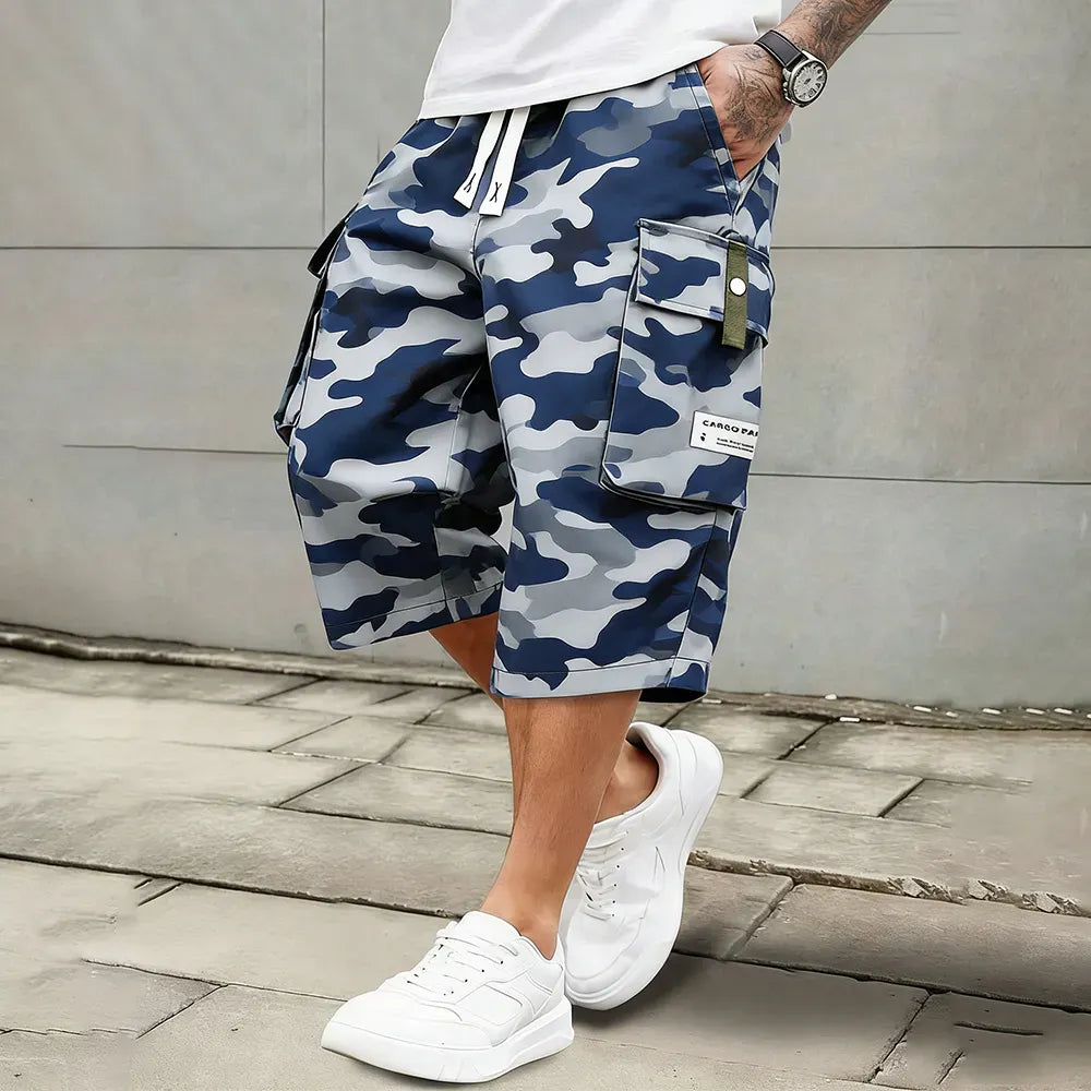 Men's Relaxed Fit Cargo Capri Shorts – Multi-Pocket Elastic Drawstring Waist, Lightweight Cropped Pants for Streetwear & Outdoor