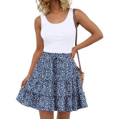 Women's Tiered Ruffle Mini Skirt – High Waist Elastic Drawstring Flowy A-Line Skirt for Beach, Vacation & Summer Style