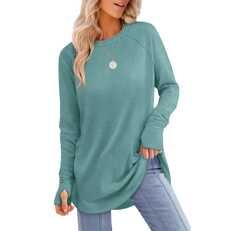 Women's Soft Stretch Long Sleeve Tunic Top – Raglan Crew Neck with Curved Hem, Lightweight Casual Shirt for Yoga, Lounge & Everyday Wear