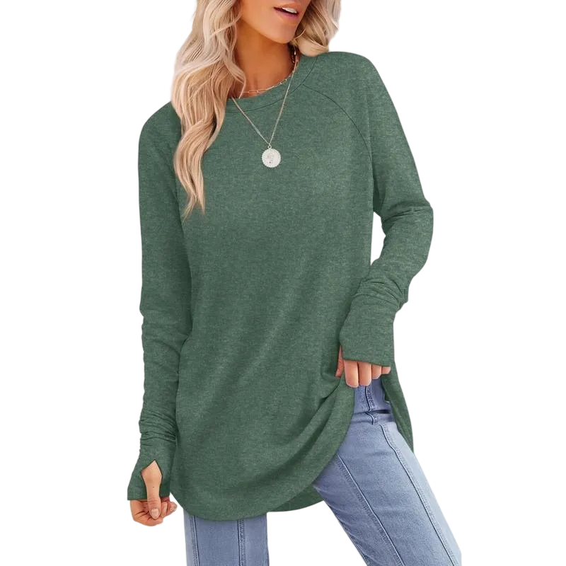 Women's Soft Stretch Long Sleeve Tunic Top – Raglan Crew Neck with Curved Hem, Lightweight Casual Shirt for Yoga, Lounge & Everyday Wear