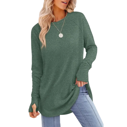 Women's Soft Stretch Long Sleeve Tunic Top – Raglan Crew Neck with Curved Hem, Lightweight Casual Shirt for Yoga, Lounge & Everyday Wear