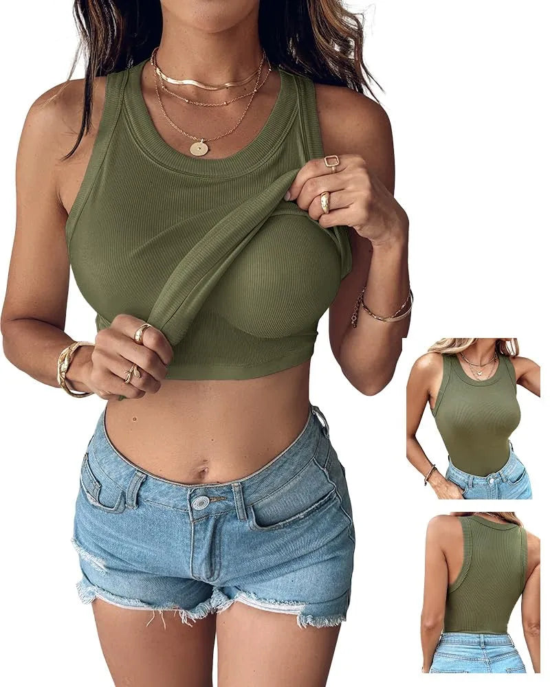 Women's Ribbed Tank Top with Built-in Shelf Bra – Soft Stretch Cami, No Bra Needed for Everyday, Lounge & Casual Wear