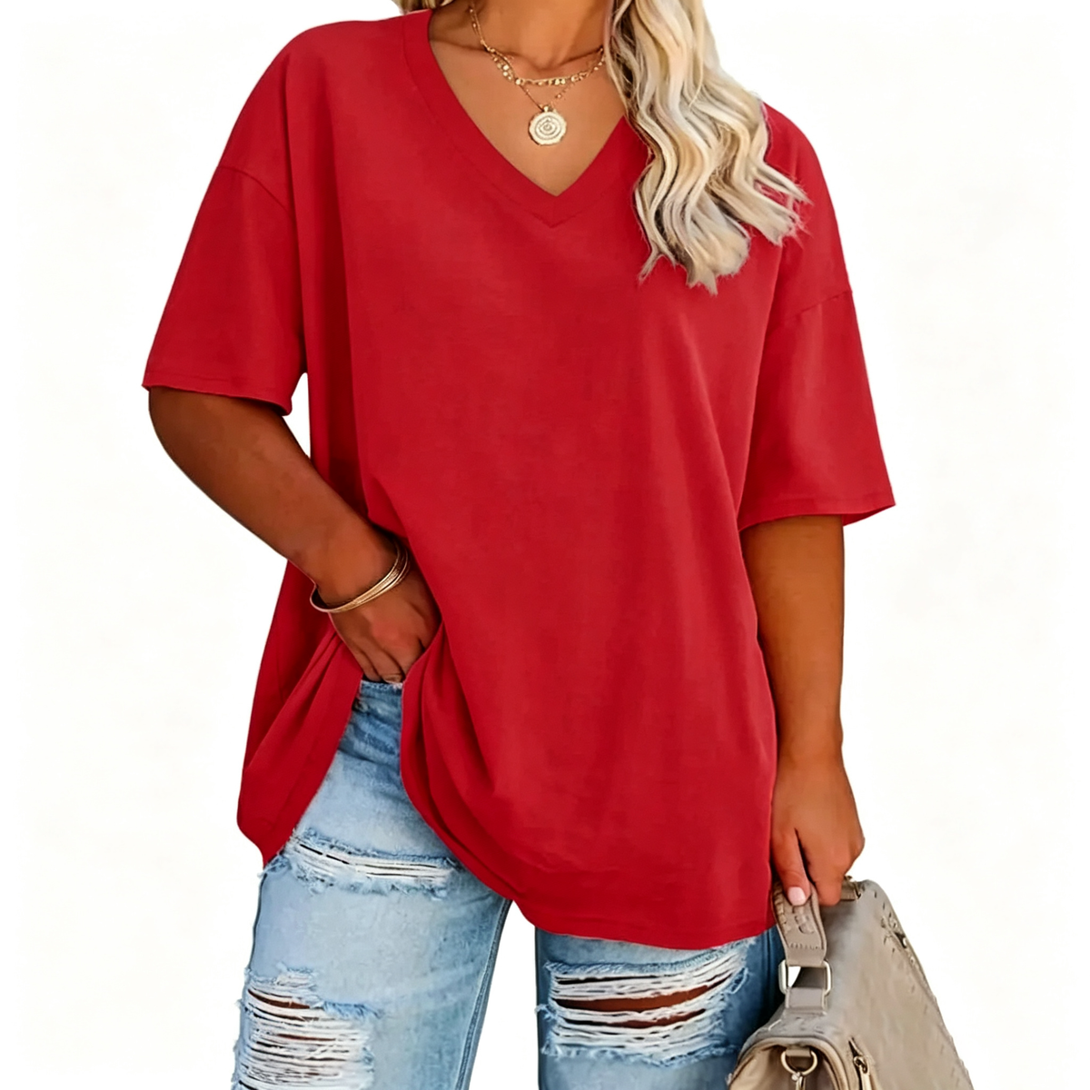 Women's Plus Size V-Neck Tunic Top – Soft Cotton Relaxed Fit Casual Tee, Flattering & Comfortable Everyday Shirt