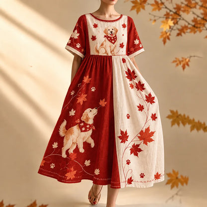 Women's Maple Leaf Dog Color Block Print Round Neck Short Sleeve Dress