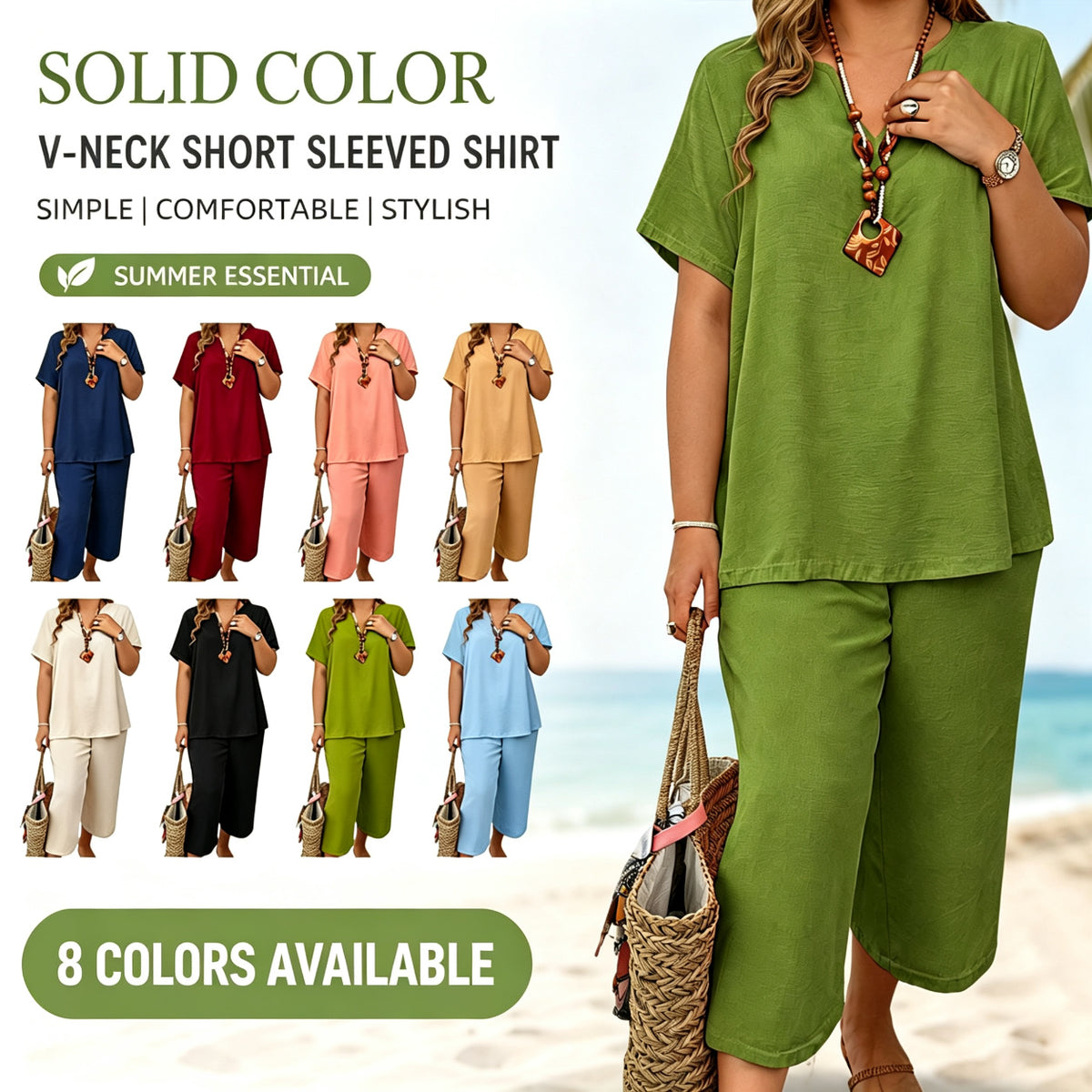 Women's 2-Piece Linen Blend Set – V-Neck Short Sleeve Top & Flowy Wide Leg Pants, Relaxed Fit Beach Vacation Outfit