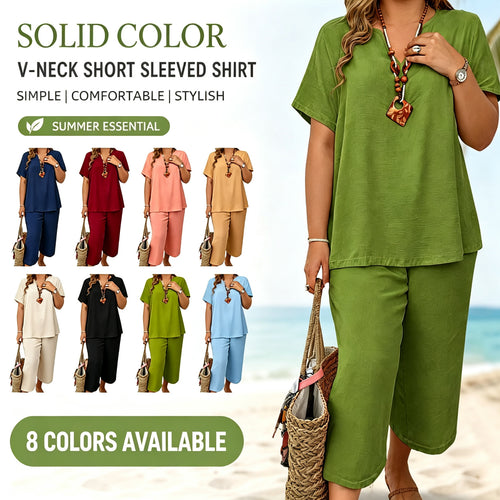 Women's 2-Piece Linen Blend Set – V-Neck Short Sleeve Top & Flowy Wide Leg Pants, Relaxed Fit Beach Vacation Outfit