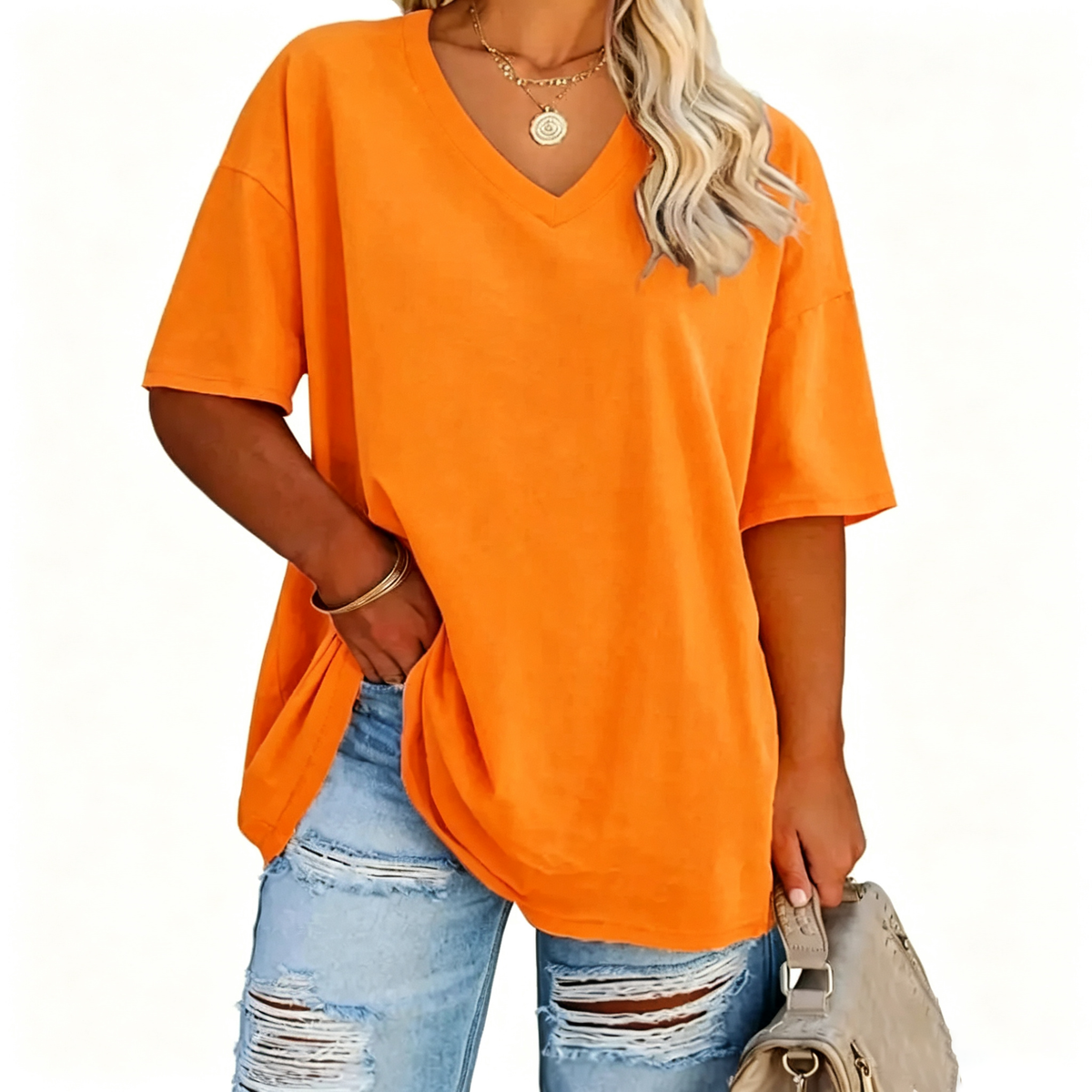 Women's Plus Size V-Neck Tunic Top – Soft Cotton Relaxed Fit Casual Tee, Flattering & Comfortable Everyday Shirt