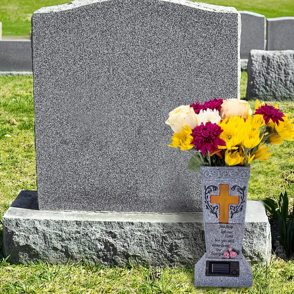 🔥Solar Cemetery Grave Vase with LED – Headstone Flower Vase with Ground Spike for Fresh/Artificial Flowers✨