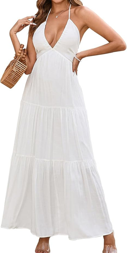Maxi Beach Dress Boho Halter V Neck Backless Bow Dresses Flowy Trendy Ruffle Sundress for Women 2025