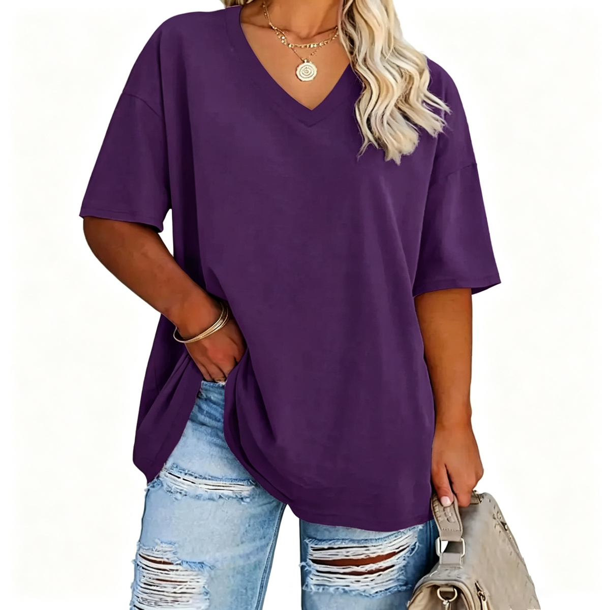 Women's Plus Size V-Neck Tunic Top – Soft Cotton Relaxed Fit Casual Tee, Flattering & Comfortable Everyday Shirt